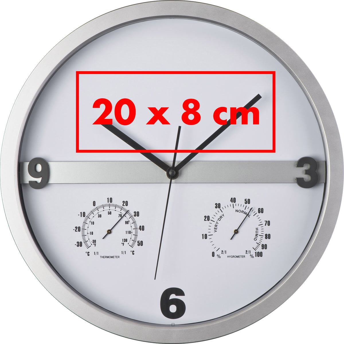 Wanduhr mit Hygro - und Thermometer, halbes Display bedruckbar ERICH