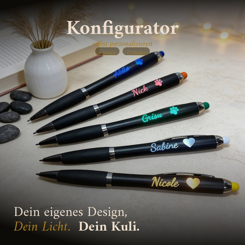 LED Kugelschreiber Konfigurator - selbst personalisieren, 6 Farben, 17 Motive - Dein eigenes Design, Dein Licht, Dein Kuli