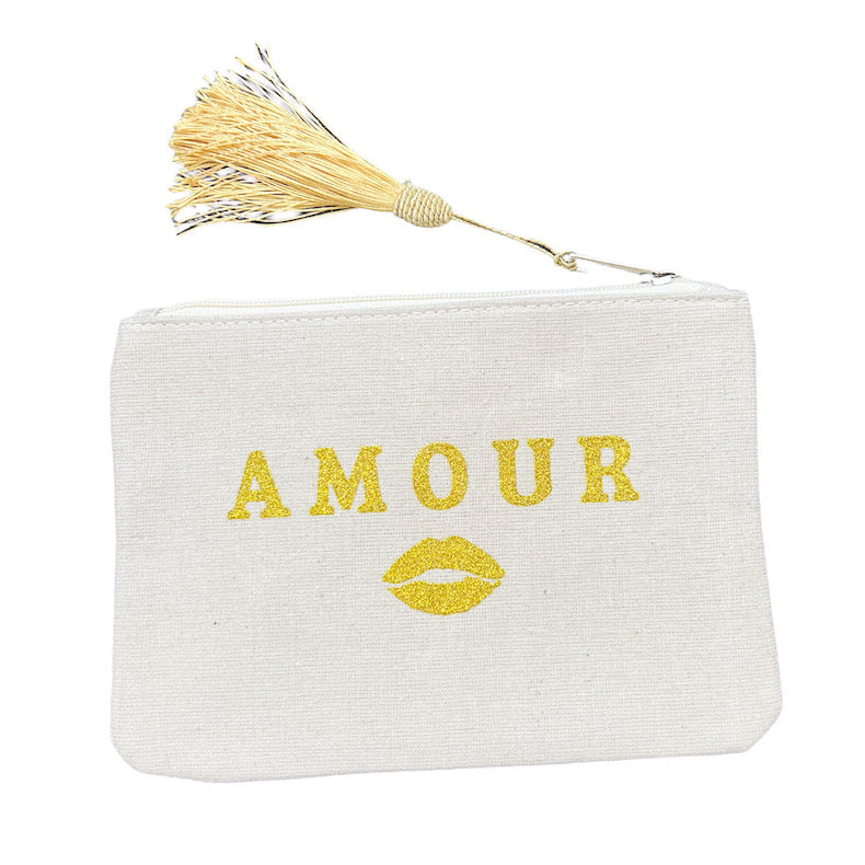 Kosmetiktasche AMOUR mit Glitzerschrift und Quaste