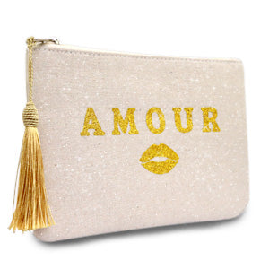 Kosmetiktasche AMOUR mit Glitzerschrift und Quaste