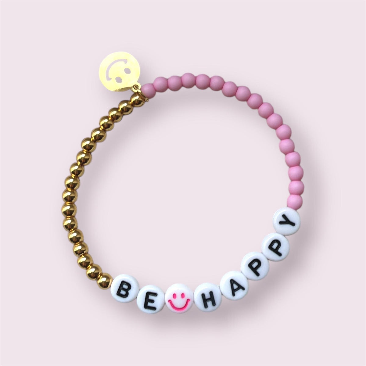 Personalisiertes Armband „Rosa Smiley“ mit Edelstahl Anhänger