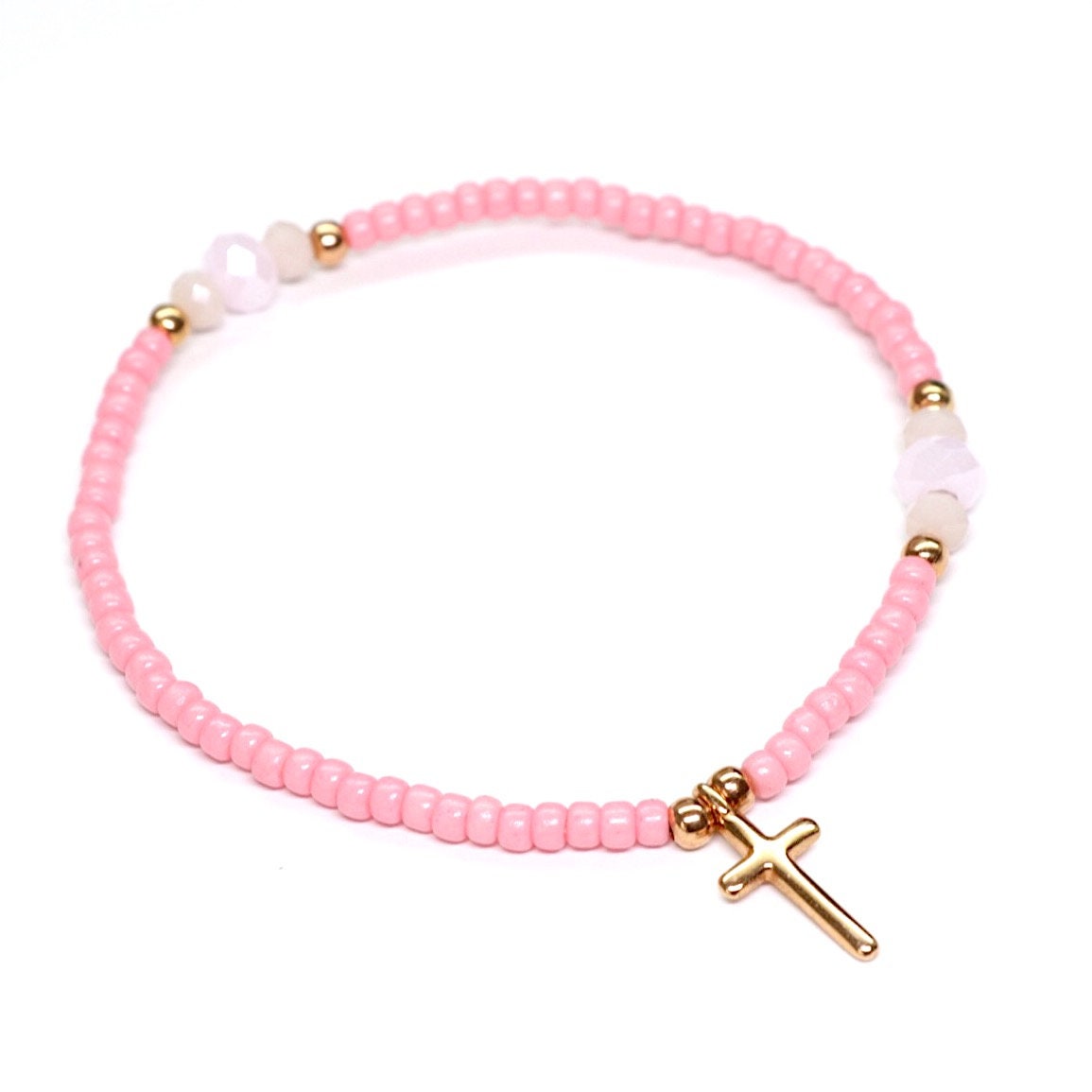 Armband "Small Cross" aus rosa japanischen Saatperlen