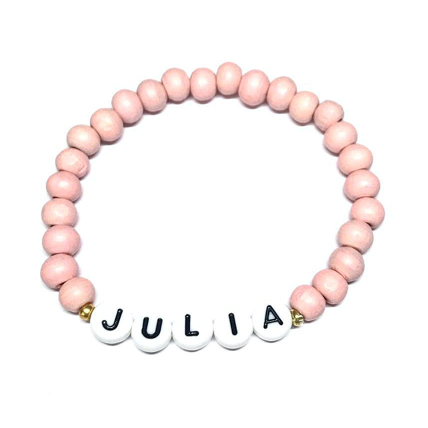 Personalisiertes Armband "Rosé Words" aus rosa Holzperlen