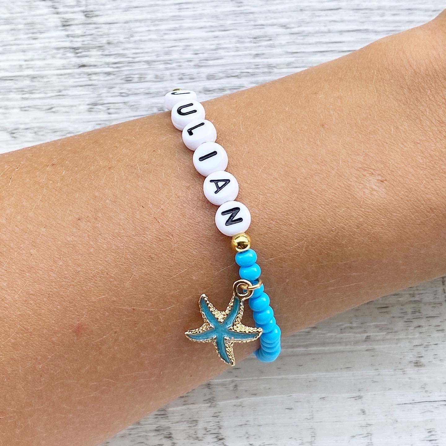 Personalisiertes Armband "Seestern" Blau und Gold