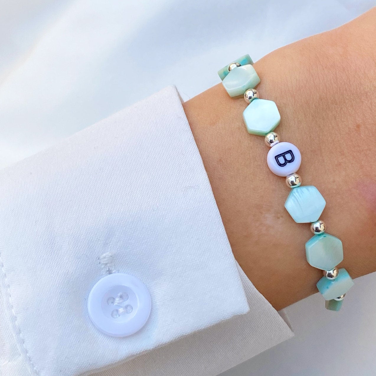 Personalisiertes Armband "Hexagon Shell" 925er Sterlingsilber Muscheln Muschelperlen