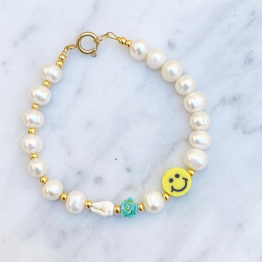 Armband Smiley Süßwasserperlen Gold Muschel Blume türkis Sommer Perlenarmband Federring Frauen Damen Urlaub Schmuck Armkettchen