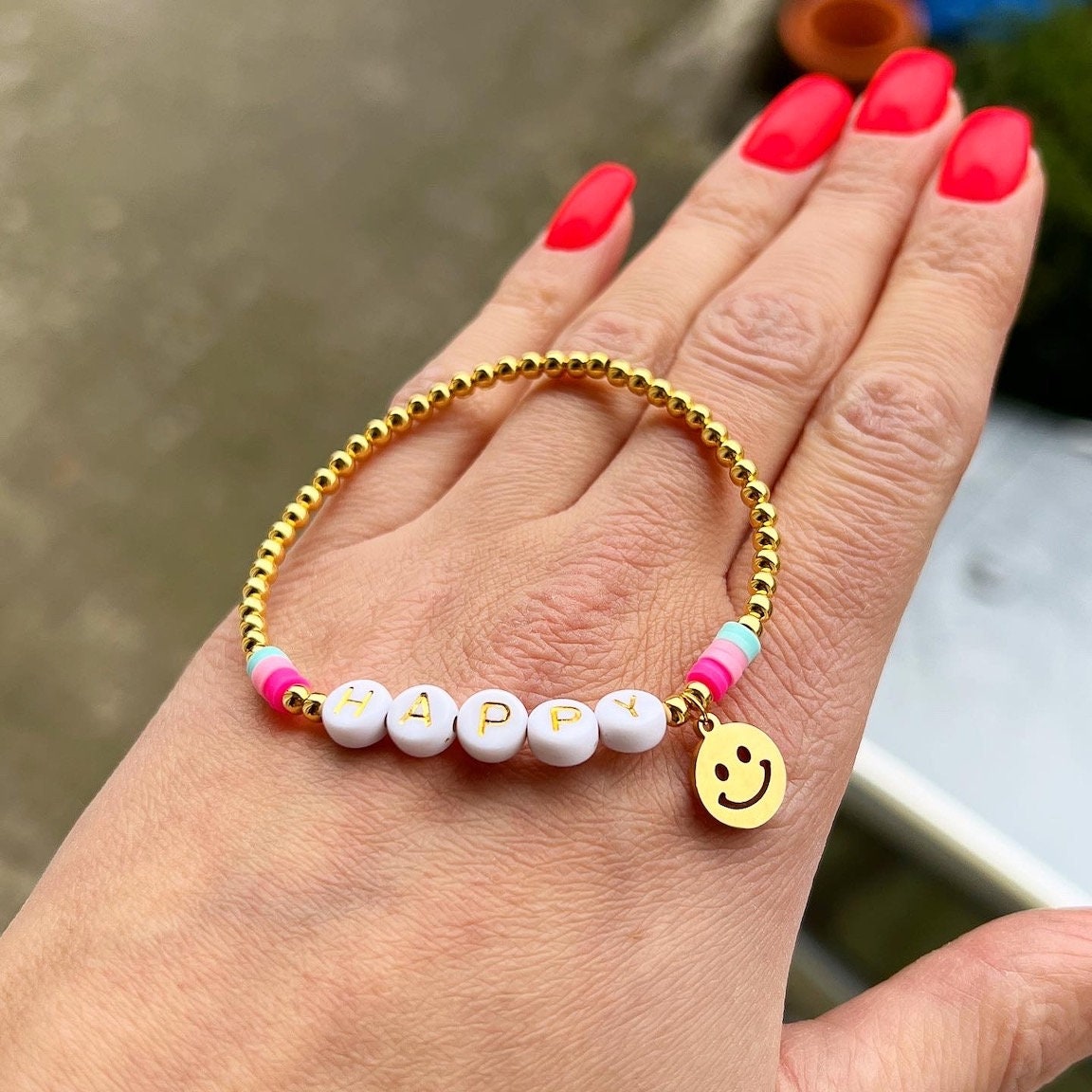Personalisiertes Armband "Pastell Smiley" 925er Sterlingsilber 24 Karat vergoldet und  Edelstahl Anhänger