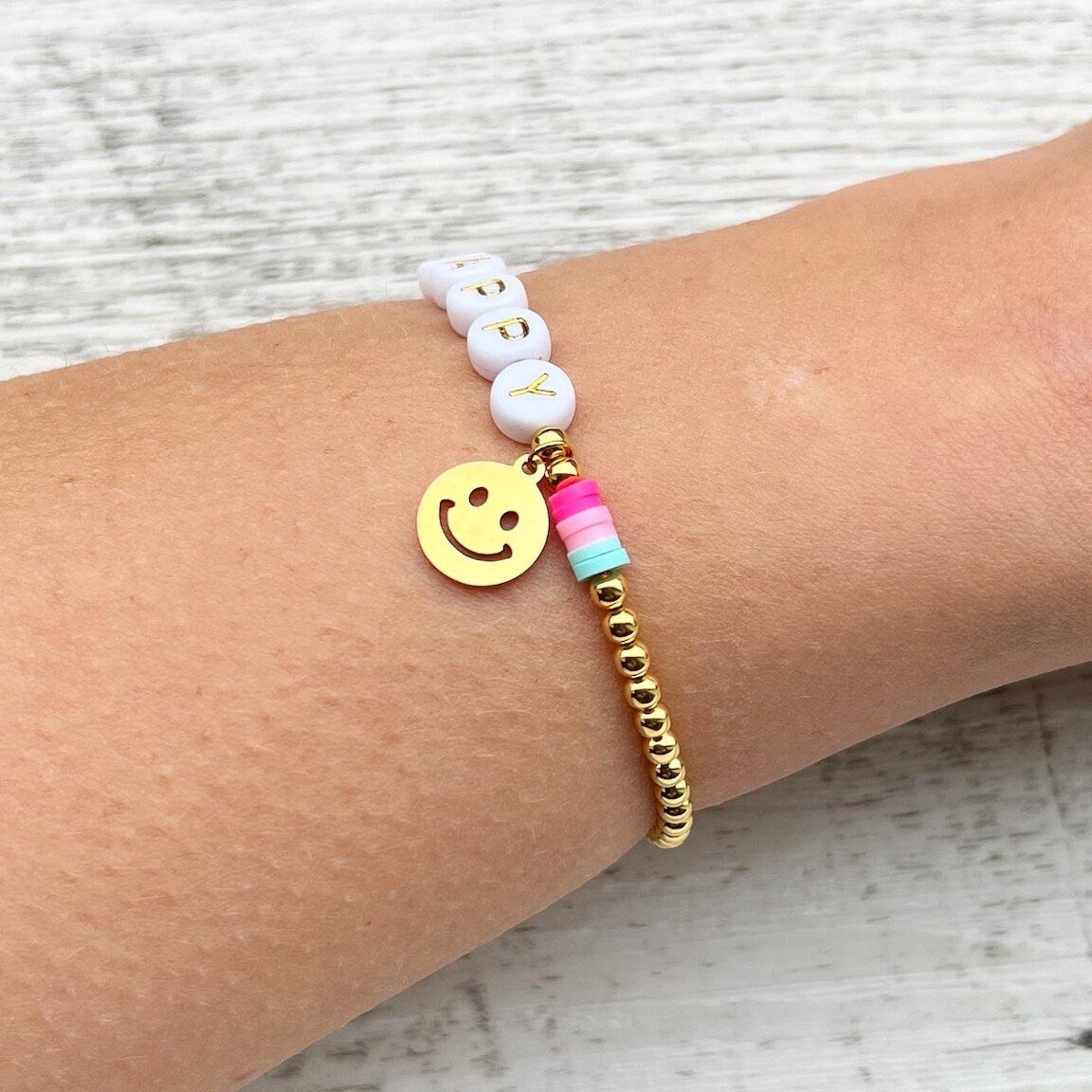 Personalisiertes Armband "Pastell Smiley" 925er Sterlingsilber 24 Karat vergoldet und  Edelstahl Anhänger