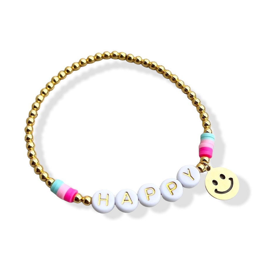 Personalisiertes Armband "Pastell Smiley" 925er Sterlingsilber 24 Karat vergoldet und  Edelstahl Anhänger