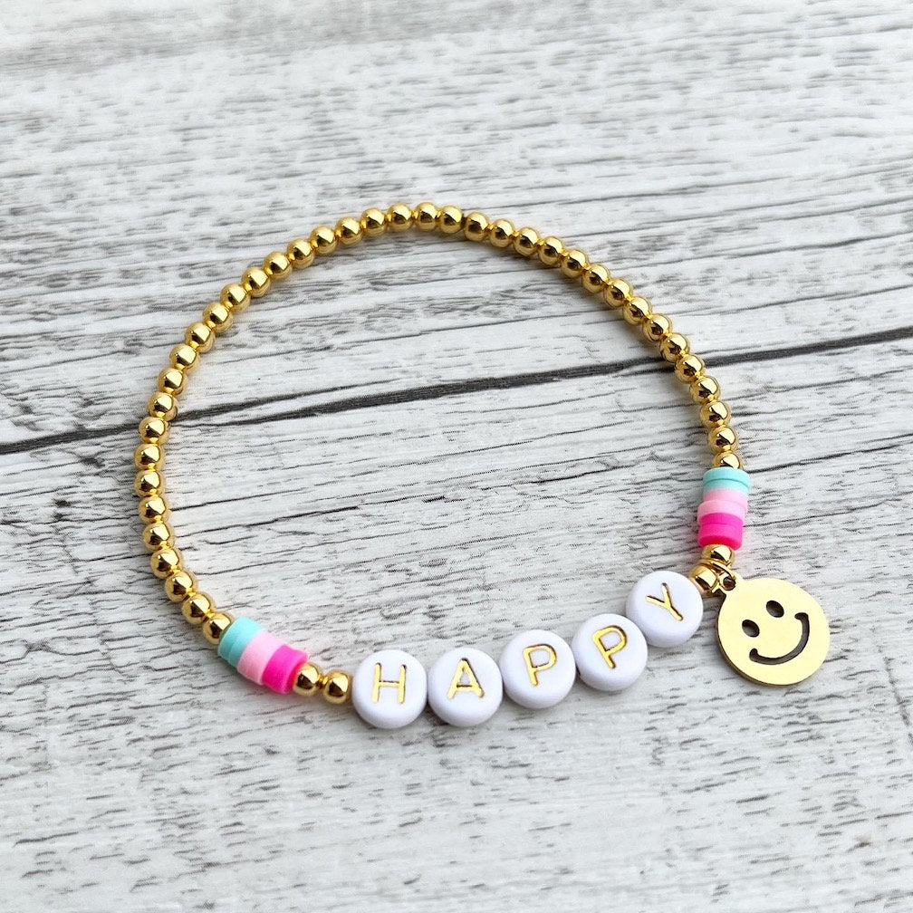 Personalisiertes Armband "Pastell Smiley" 925er Sterlingsilber 24 Karat vergoldet und  Edelstahl Anhänger