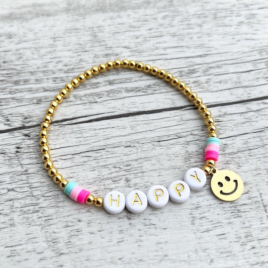 Personalisiertes Armband "Pastell Smiley" 925er Sterlingsilber 24 Karat vergoldet und  Edelstahl Anhänger