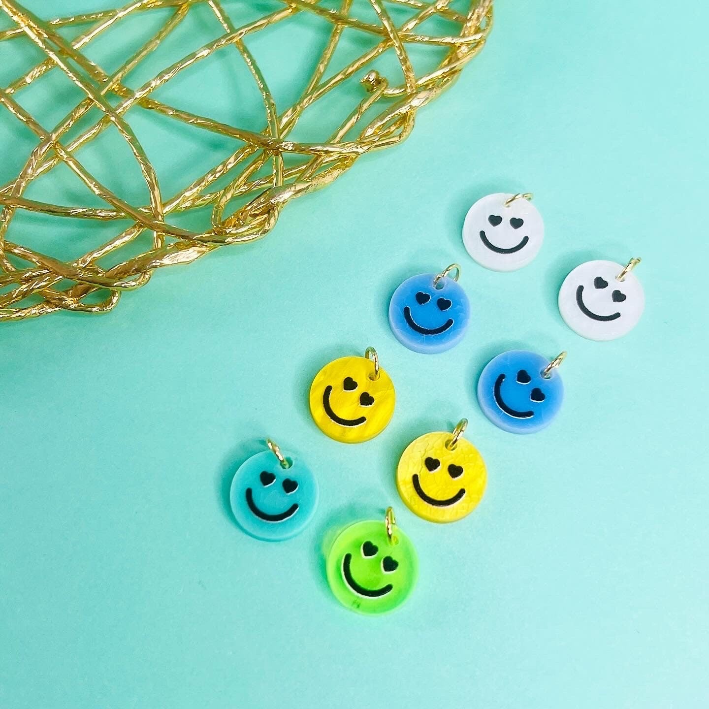 8 Smiley Anhänger mit Ösen Herz Augen Edelstahl Gold Schmuck Herstellung Zubehör rostfrei