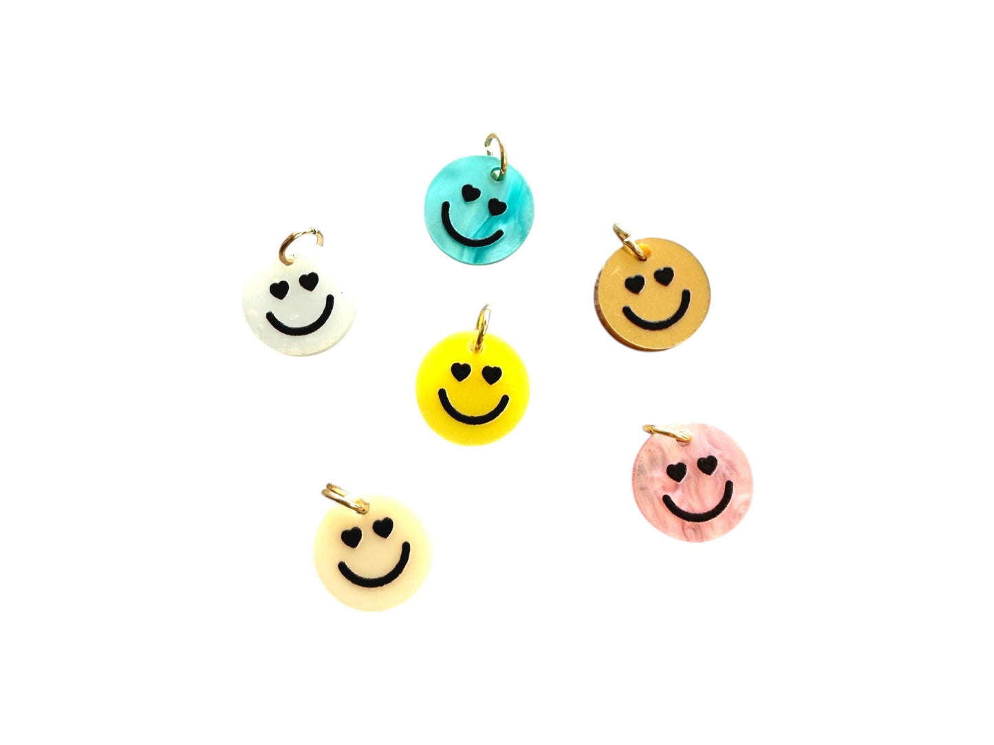 6 Smiley Anhänger mit Ösen und Herz Augen aus Edelstahl