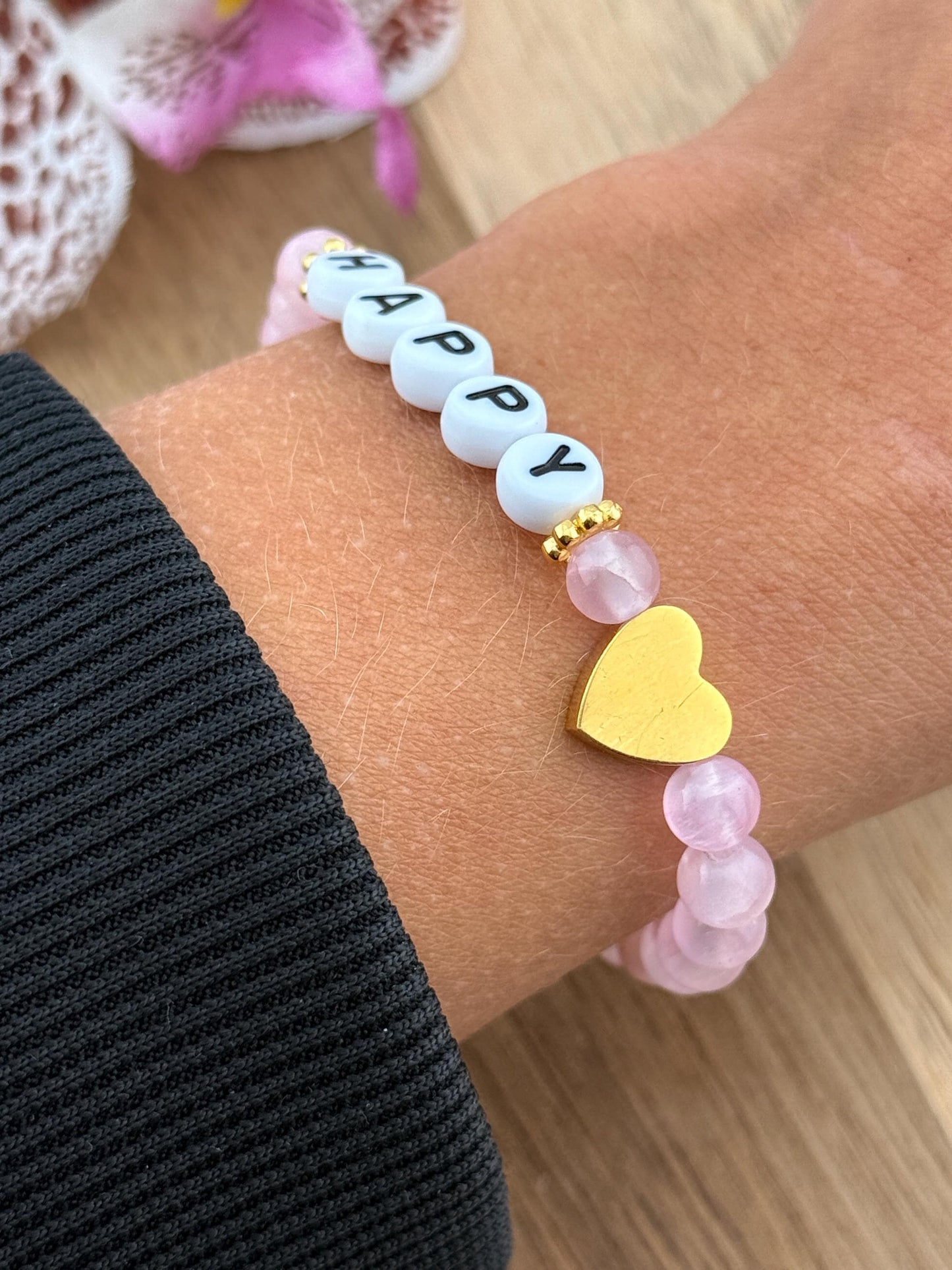 Personalisiertes Armband "Love Letter" aus Jade Edelsteinen und Edelstahl Herz