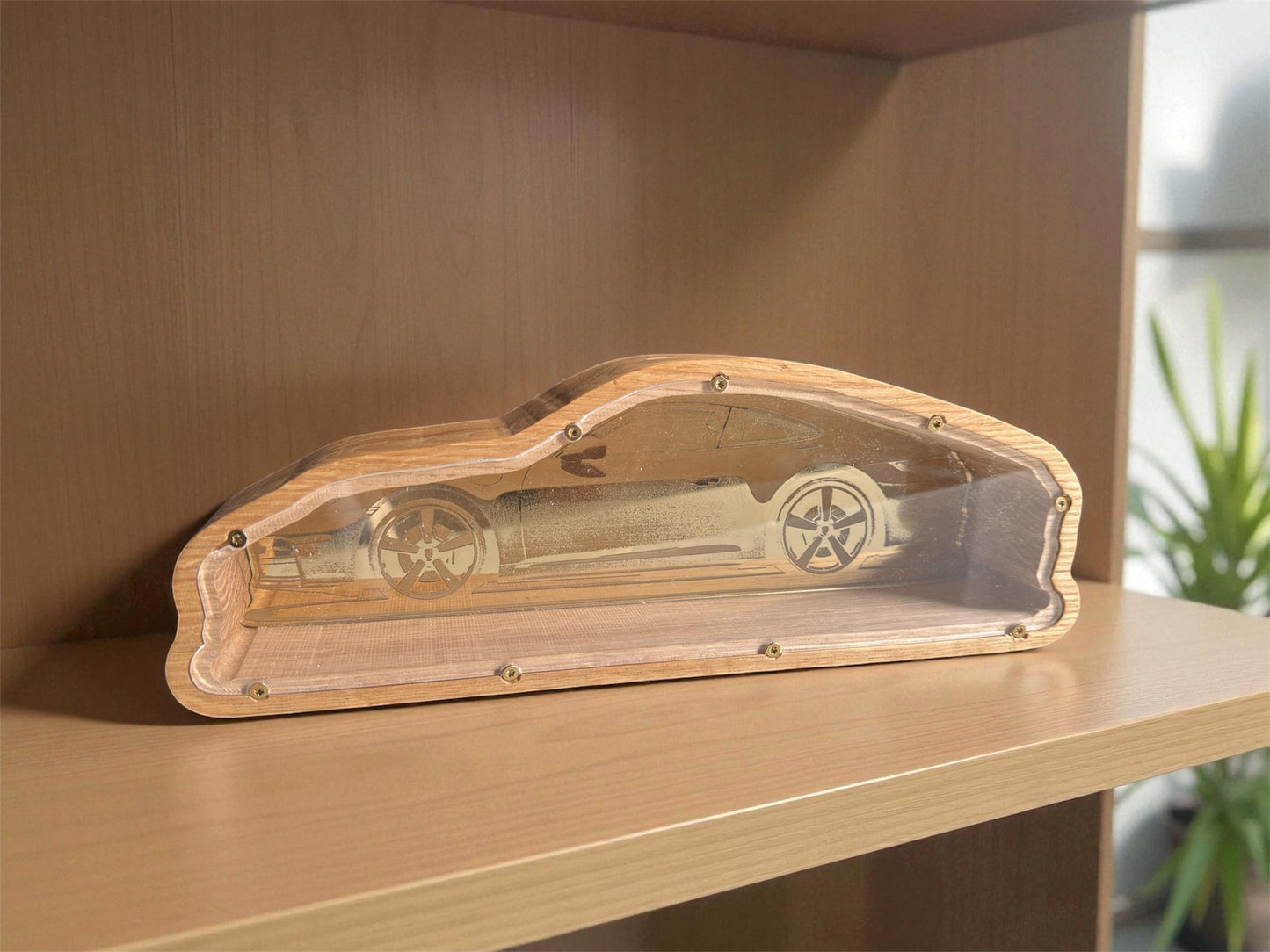 Spardose aus Eiche -  Holz Sparschwein Sportwagen