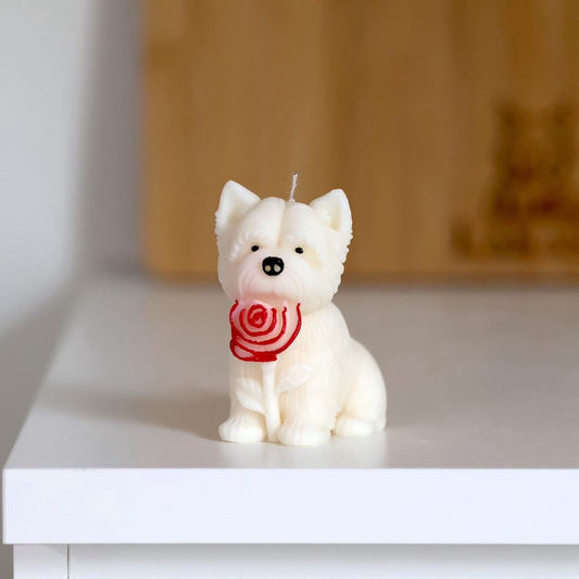 West Highland White Terrier Kerze - Westi Hund - mit Rose - aus Sojawachs