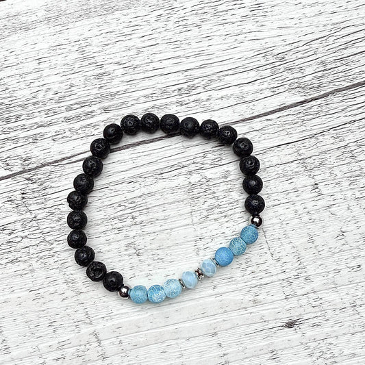 Armband "Blue Lava" aus schwarzen Lavaperlen und Achat Edelsteinen