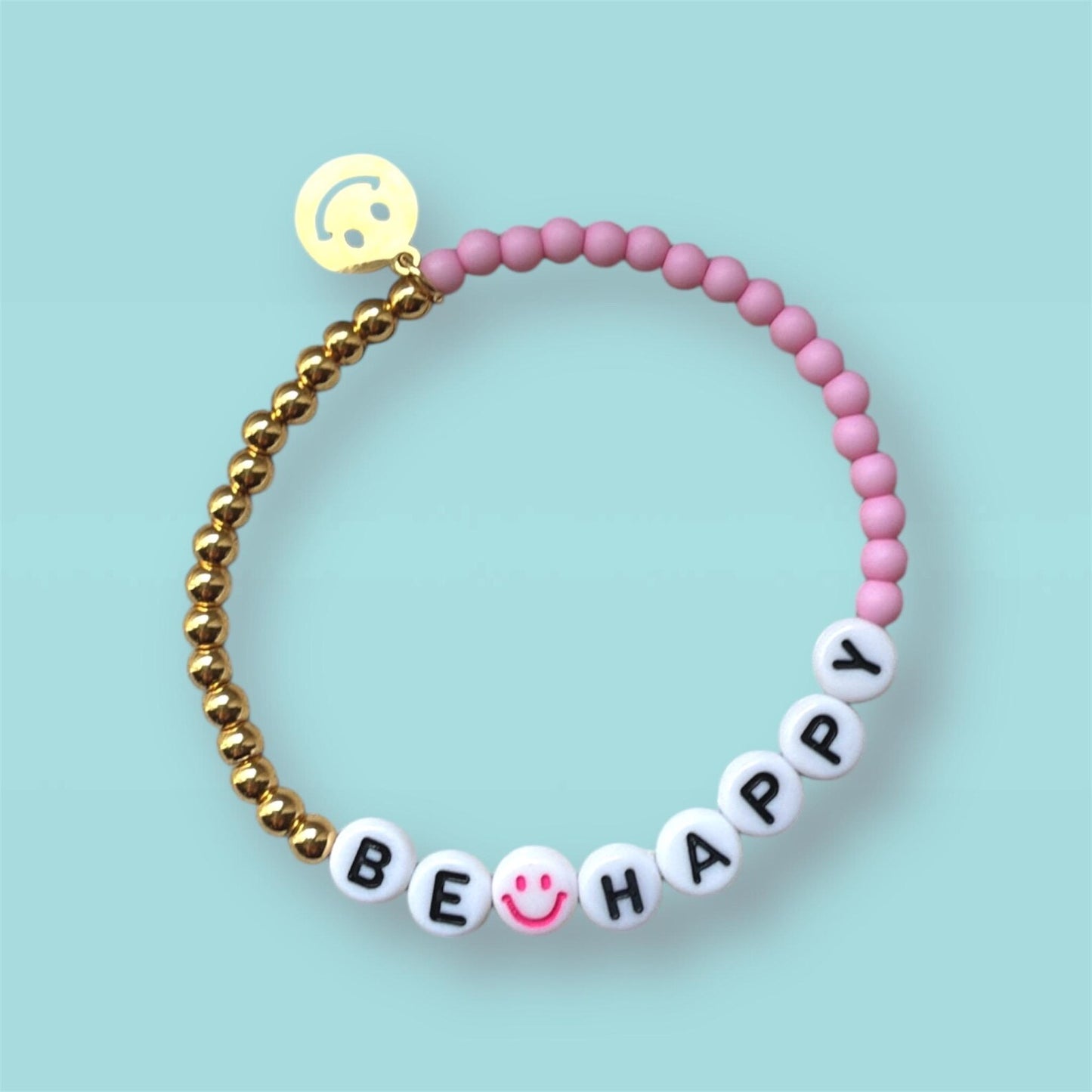Personalisiertes Armband mit Smiley in Rosa und Gold aus Edelstahl