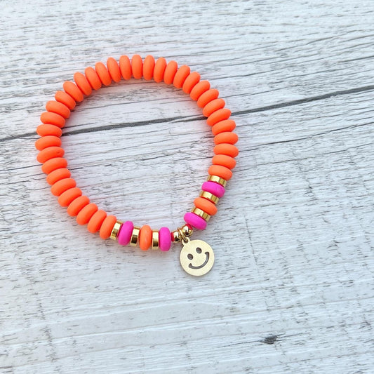 Smiley Armband - Neon Pink und Orange - Edelstahl Gold